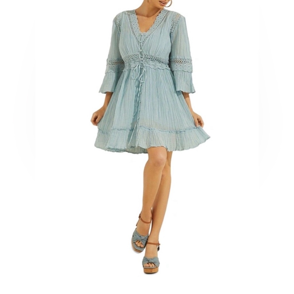 Guess Women’s Reya Gauze Light Blue Fit & Flare Dress Size L
